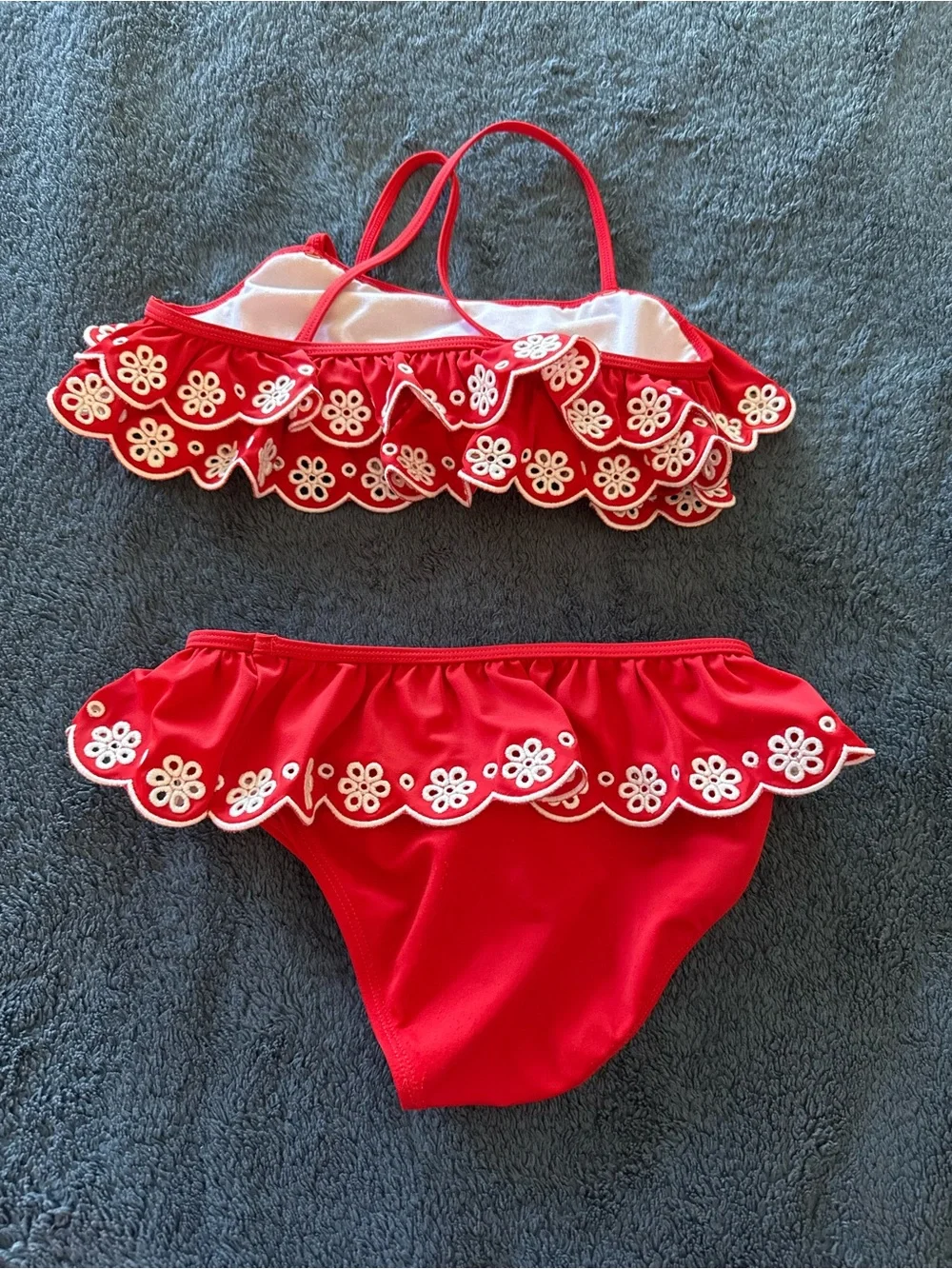 Janie and Jack Red Ruffle Bikini Set with White Flower Trim